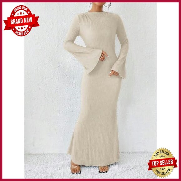 Maxi Dress with Flare Sleeves, Bodycon Fit, Mermaid Hem - Picture 3 of 8